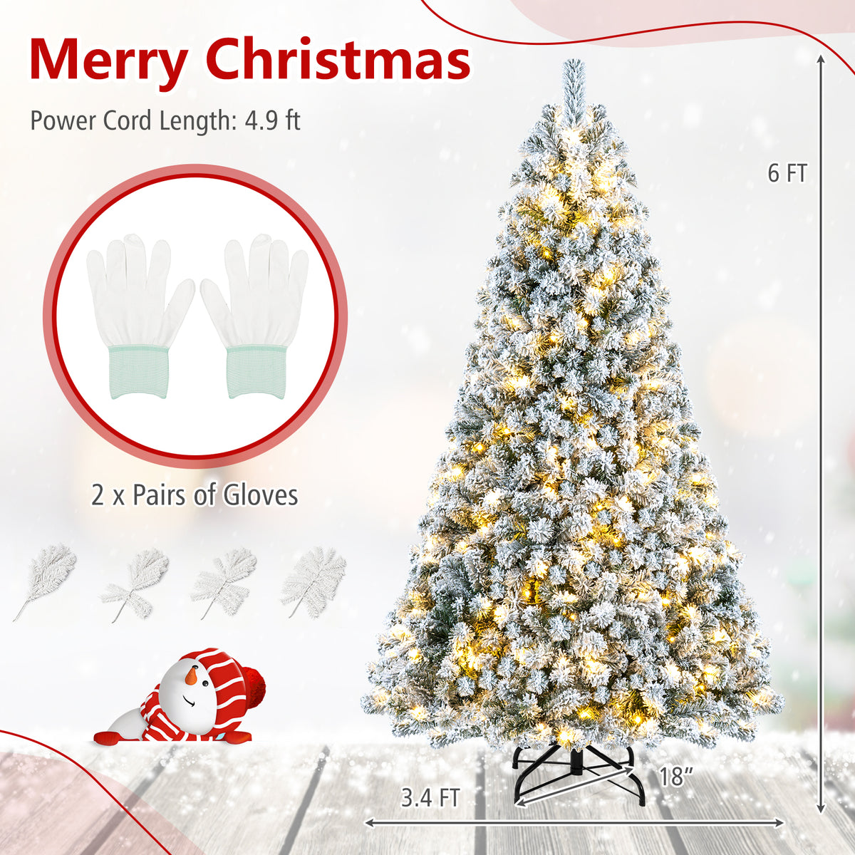7/6/8 FT Snow-Flocked Artificial Christmas Tree, Pre-lit Xmas Tree