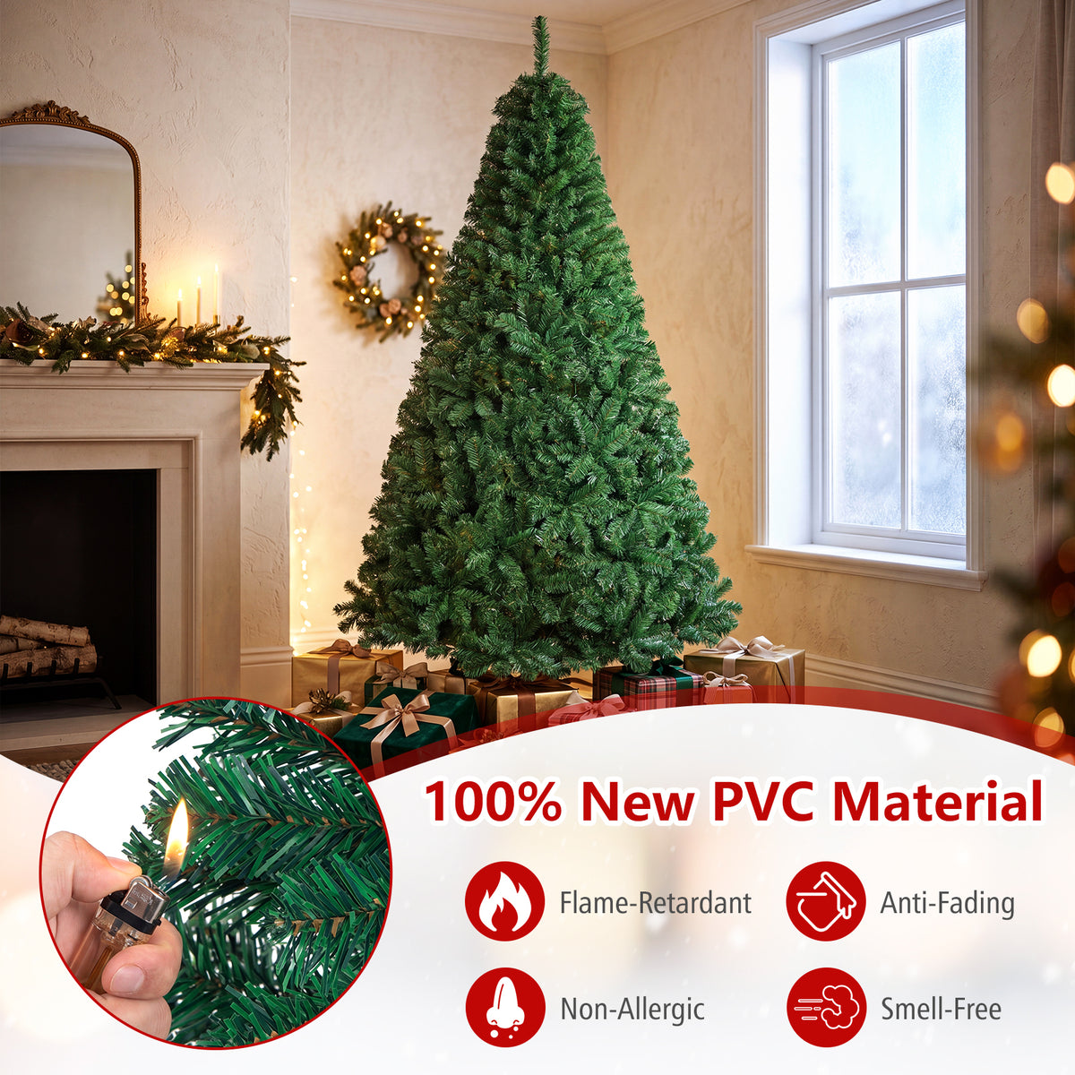 5/6/7/8 FT Artificial Christmas Tree, Unlit Full Xmas Pine Tree with 350/650/950/1138 Branch Tips & Folding Metal Stand