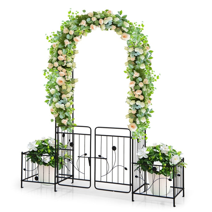 87" Steel Garden Arch with Planter Beds, Dig-Free Wedding Arbor w/Lockable Gates for Vines