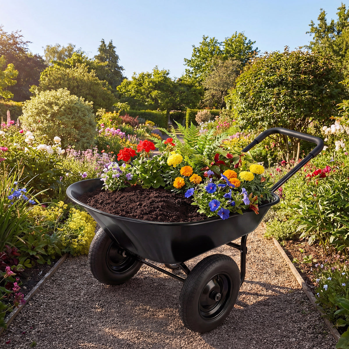 Garden Cart Wheelbarrow, 2-Wheel Outdoor Trolley with Metal Frame, 14" Pneumatic Tires