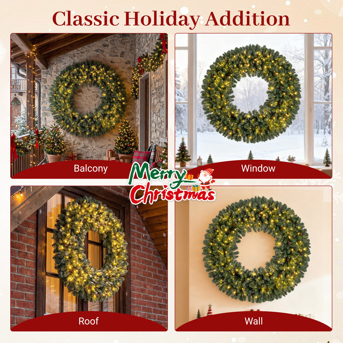 60” Large Pre-lit Christmas Wreath, Artificial Christmas Wreath with 680 Snowy Branch Tips