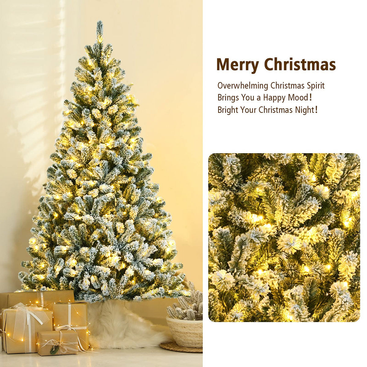 Lucktree Snow Flocked Christmas Tree, Artificial Hinged Xmas Tree - LucktreeUS