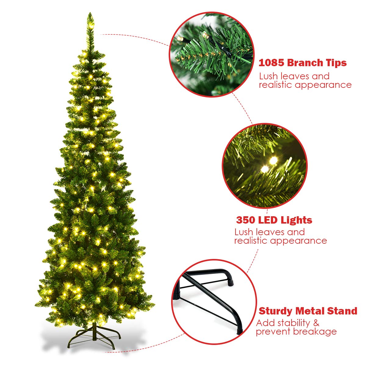 Prelit Pencil Christmas Tree, Premium Hinged Fir Tree