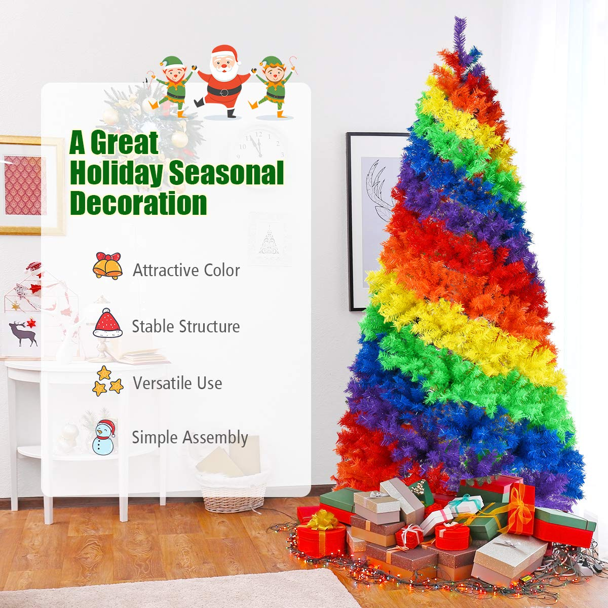 Lucktree 7FT Colorful Rainbow Full Fir Christmas Tree, Artificial Hinged Christmas Tree w/Solid Metal Stand - LucktreeUS