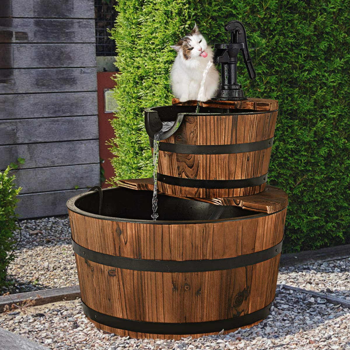Lucktree 2-Tier Barrel Waterfall Fountain with Hand Pump