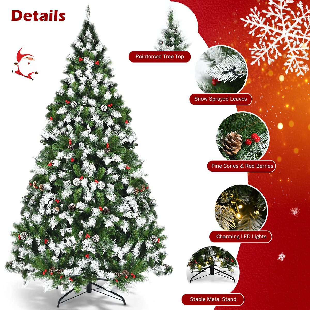 Lucktree Pre-lit Snow Flocked Christmas Tree,Hinged Artificial Xmas Tree, Indoor Holiday Festival Decoration - LucktreeUS
