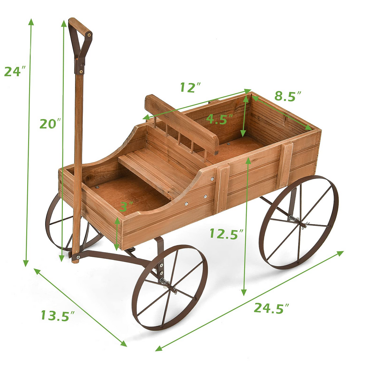 Lucktree Decorative Garden Planter, Small Wagon Cart with Metal Wheels, Wood Raised Beds Plant Pot Stand for Backyard Garden Patio 24.5"x13.5"x24"