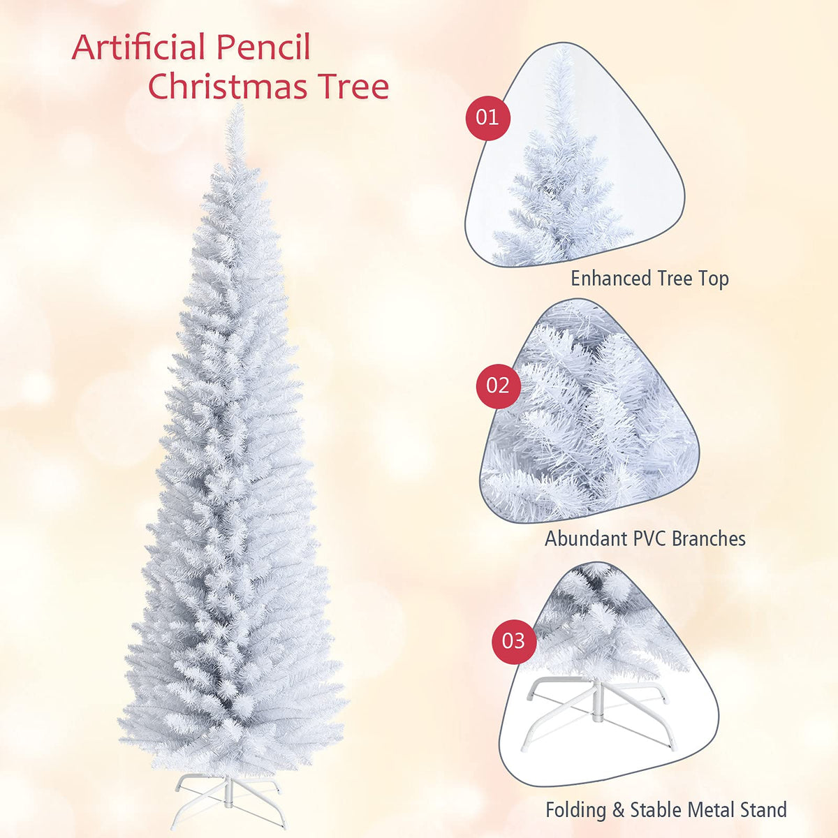 5FT / 6FT / 7FT Pencil Christmas Tree, Artificial Slim White Christmas Tree - LucktreeUS
