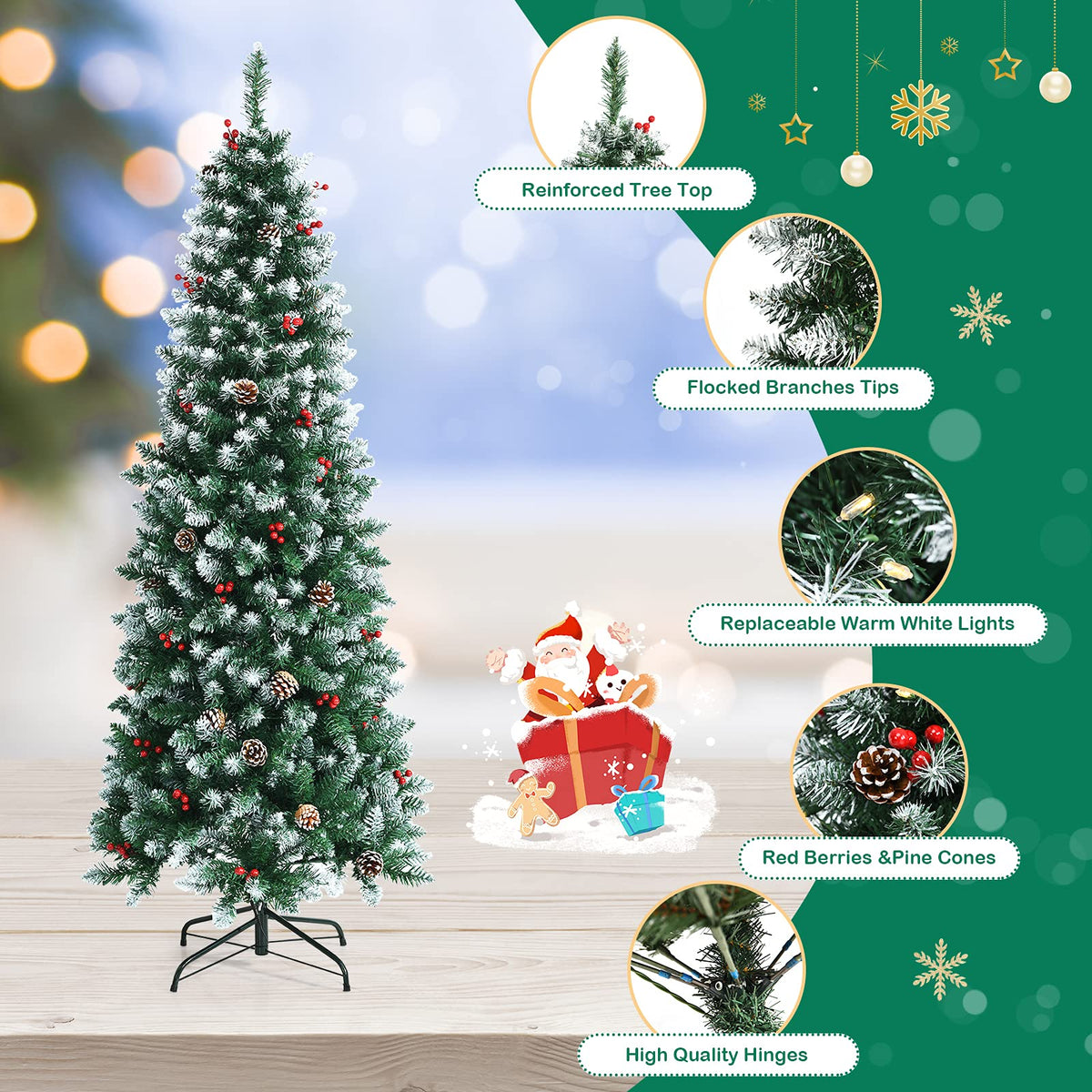 5ft Pre-lit Pencil Christmas Tree, Snow Flocked Artificial Hinged Xmas Tree - LucktreeUS