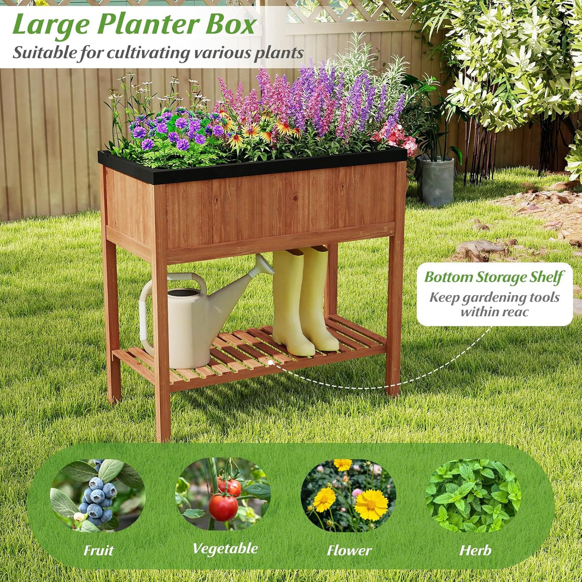 Lucktree 40"x20"x39" Raised Garden Bed Wood Planter Box with Plant Stand & Black Liner