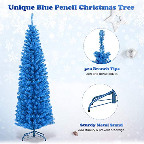 6ft Blue Pencil Christmas Tree, Artificial Slim Tree - LucktreeUS