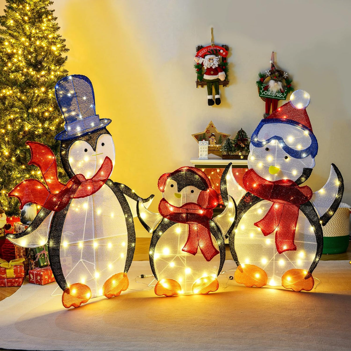 Lucktree 3-Piece Christmas Lighted Penguin Family Set Decoration