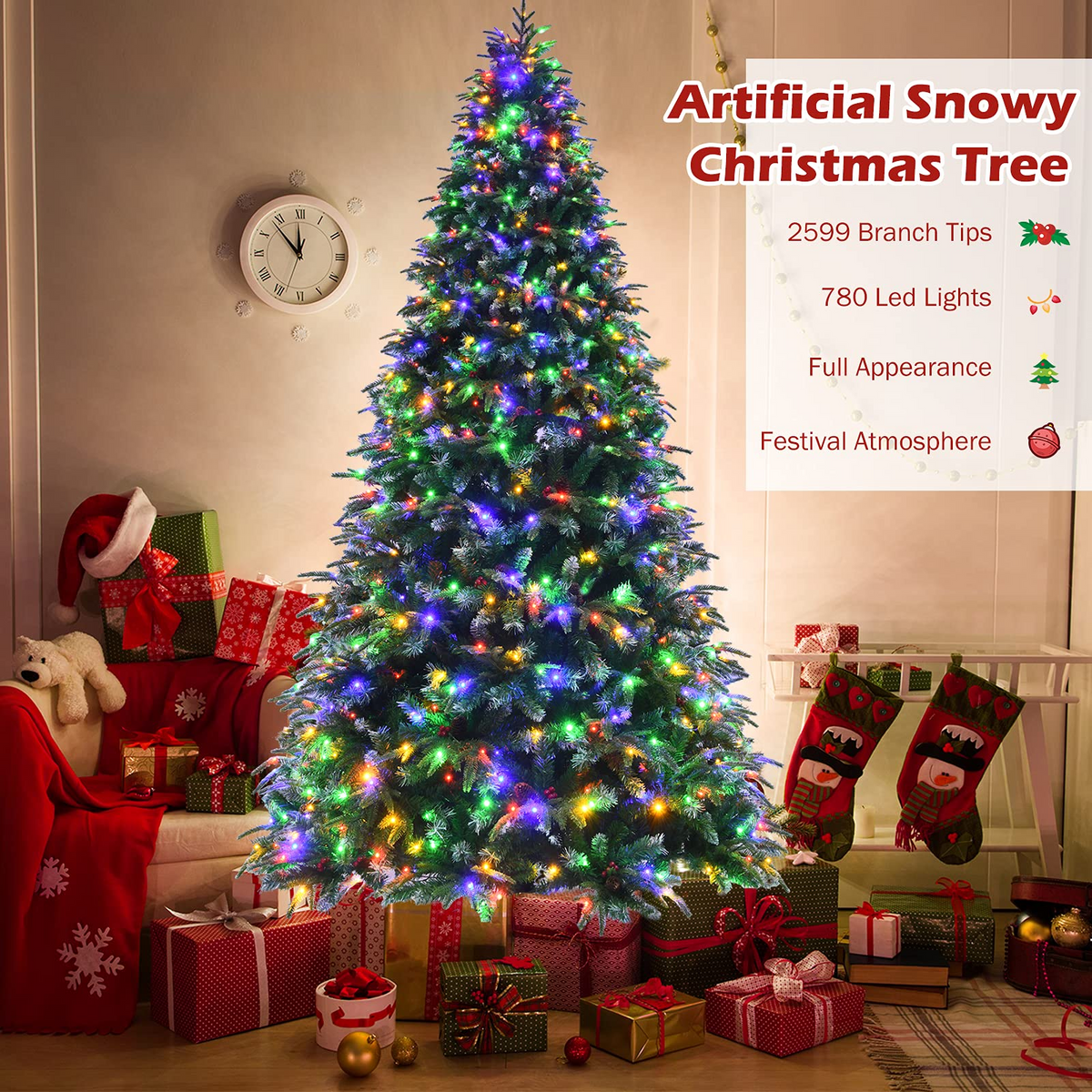 Lucktree 8FT Pre-Lit Artificial Christmas Tree, Hinged Realistic Snowy Xmas Pine Tree W/ 780 Color Changing LED Lights, 11 Flash Modes - LucktreeUS