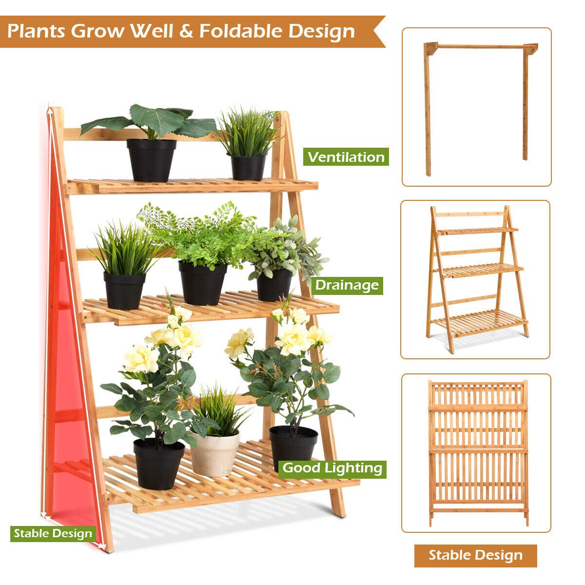 Lucktree 3-Tier Hanging Plant Stand Storage Shelf, Folding Flower Pot Organizer Display Storage Rack