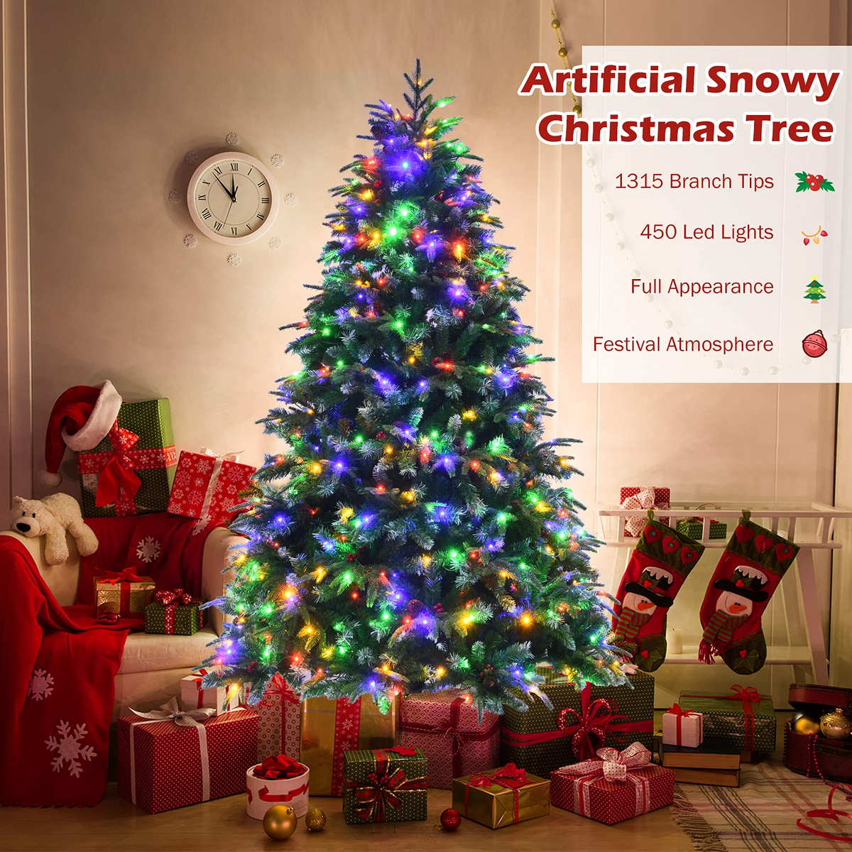 Lucktree 7FT Pre-Lit Artificial Christmas Tree, Hinged Realistic Snowy Xmas Pine Tree W/ 450 Color Changing LED Lights, 11 Flash Modes - LucktreeUS