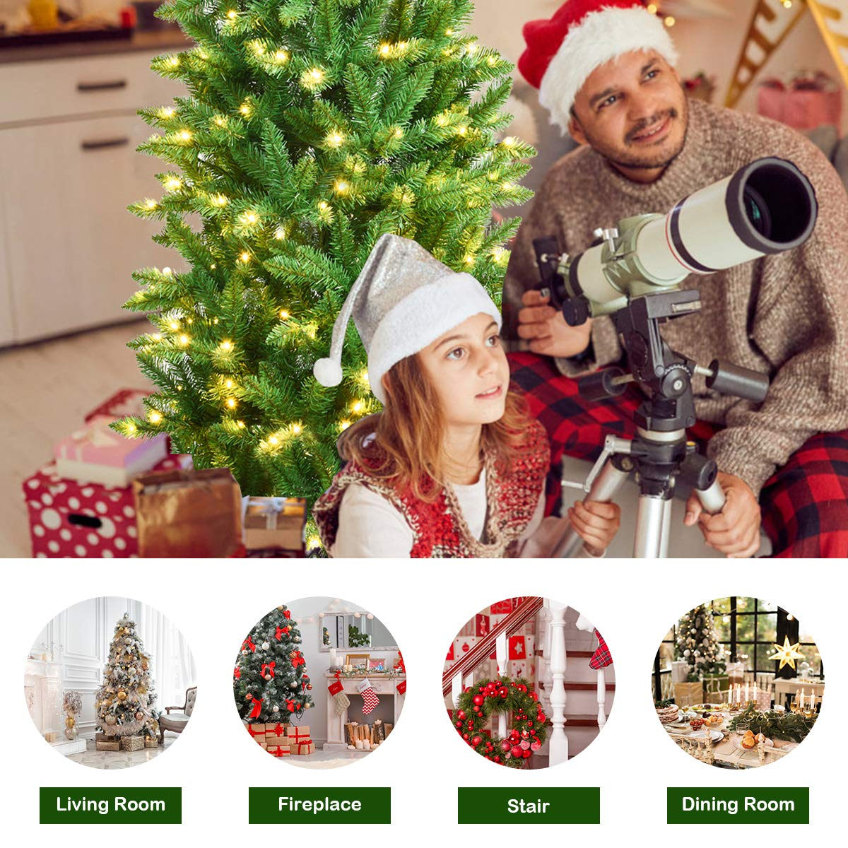 Lucktree 5ft Pre-lit Artificial Christmas Tree, Hinged Fir Pencil Christmas Tree with Lights - LucktreeUS
