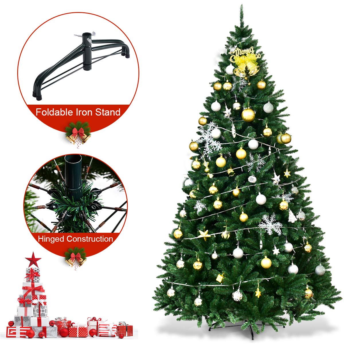 9ft Artificial Douglas Christmas Tree, Unlit Hinged Pine Tree, with 3594 Branch Tips and Solid Metal Stand - LucktreeUS