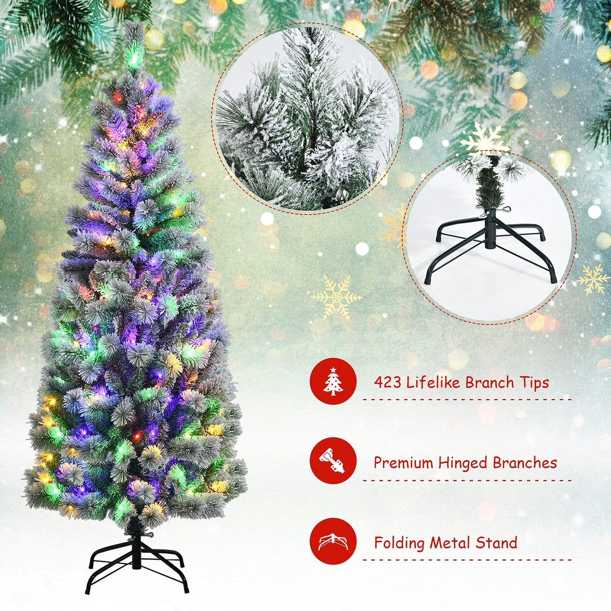 Lucktree Snow Flocked Christmas Tree, Premium Hinged Artificial Pine Tree, Remote Controller, Xmas Full Tree for Indoor - LucktreeUS