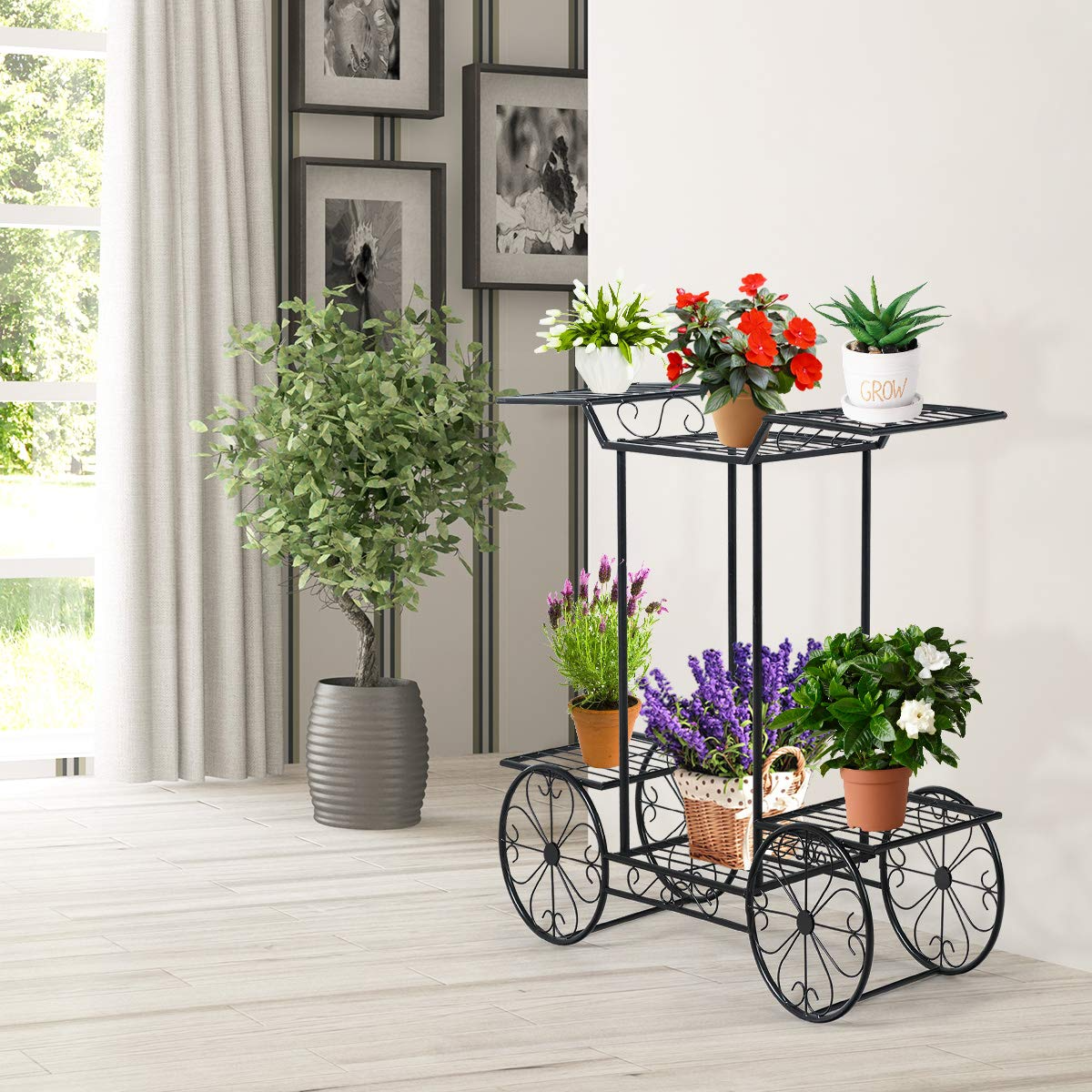 Lucktree Garden Cart Metal Plant Stand with 4 Decorative Wheels
