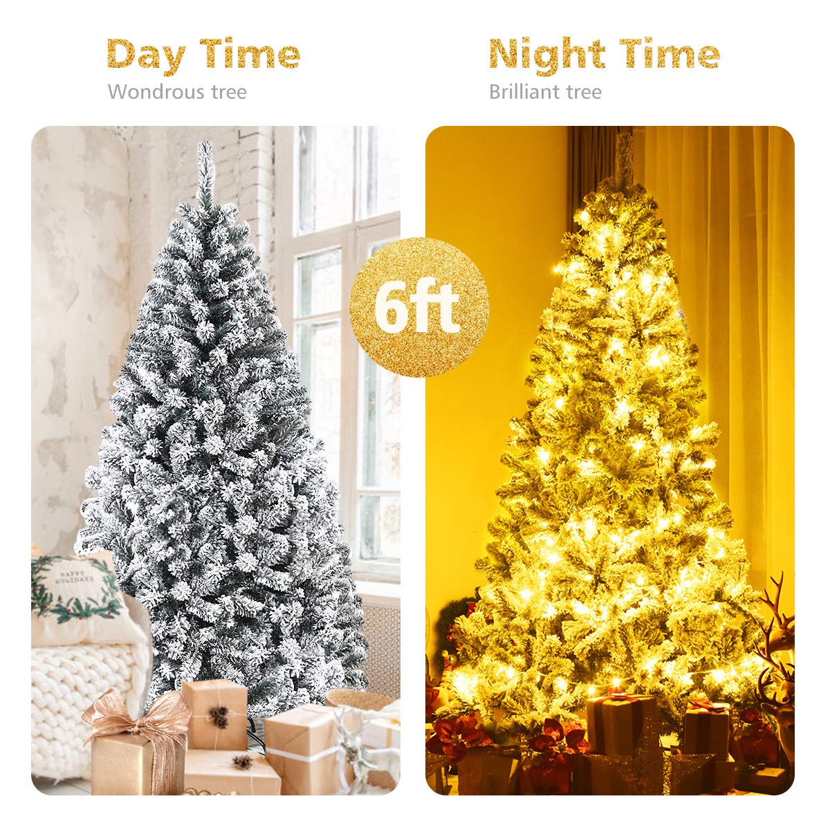 6FT/9FT  Snow Flocked Christmas Tree, Hinged Pine Tree - LucktreeUS
