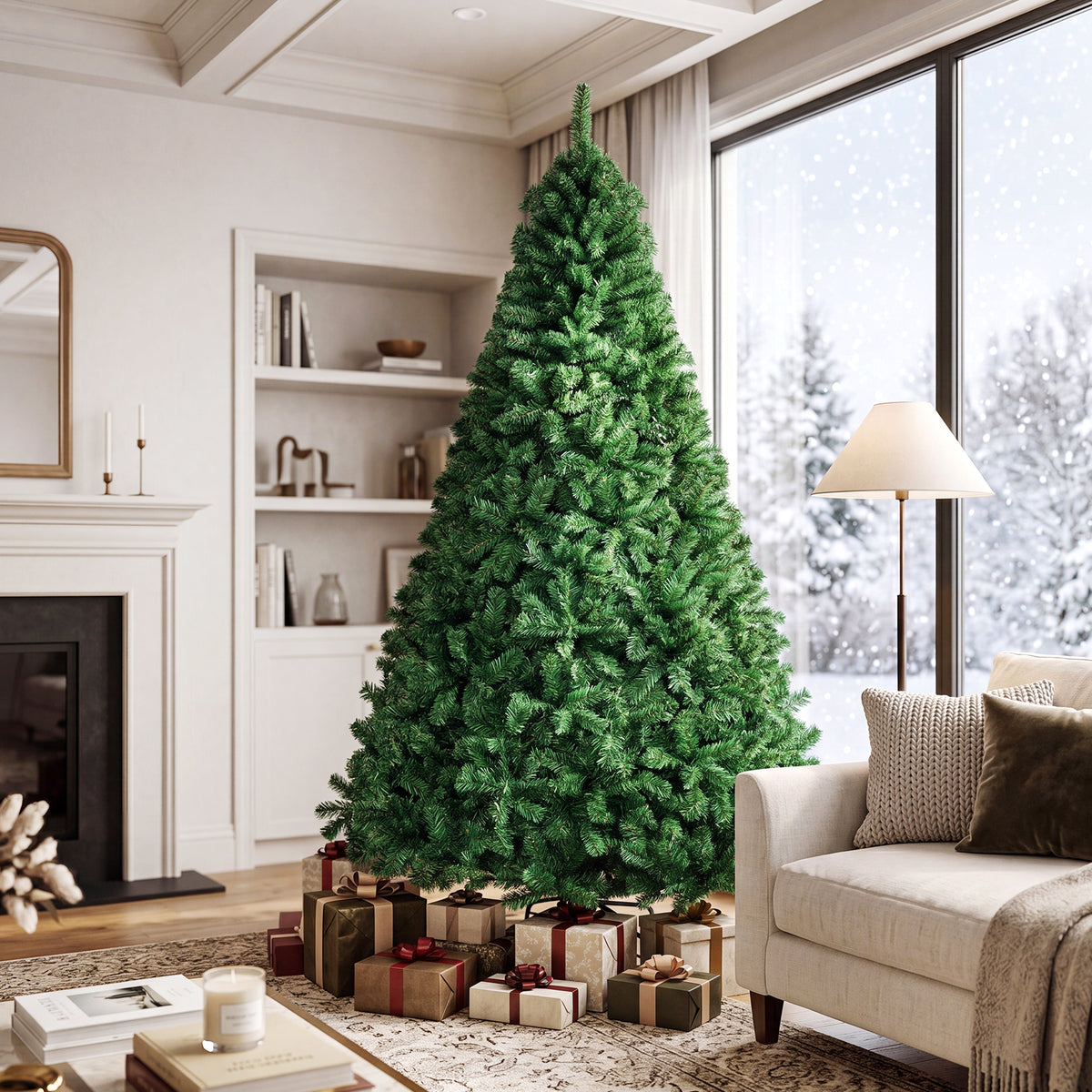 5/6/7/8 FT Artificial Christmas Tree, Unlit Full Xmas Pine Tree with 350/650/950/1138 Branch Tips & Folding Metal Stand