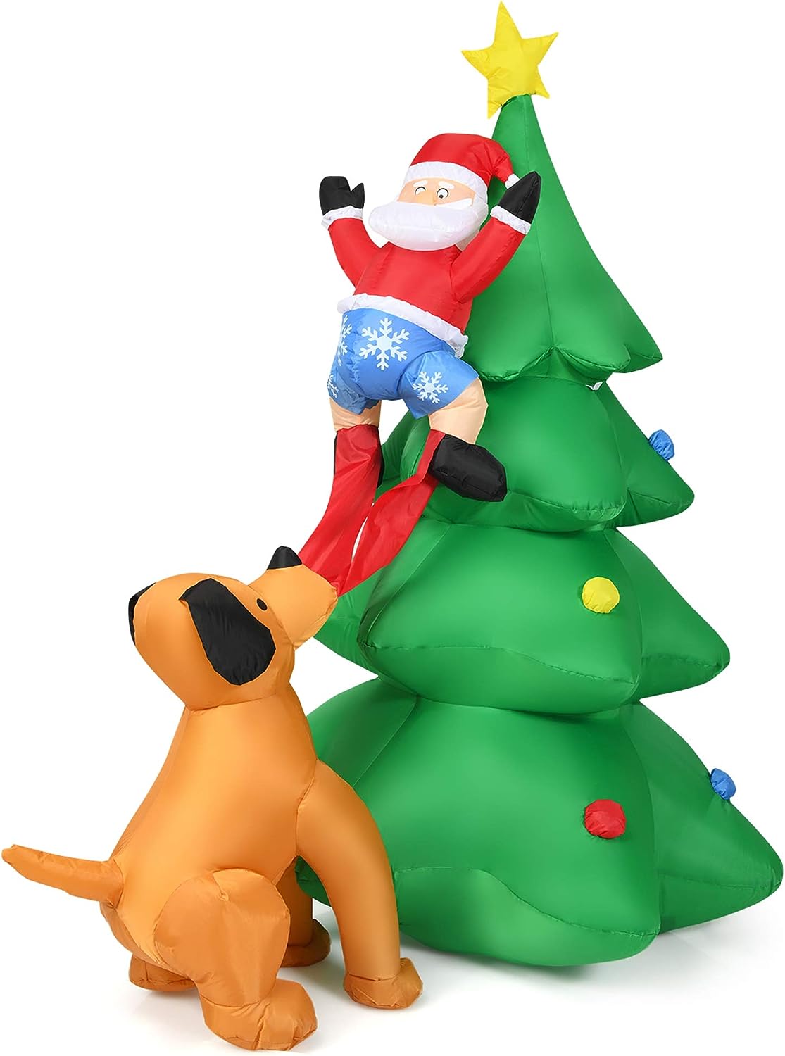6FT Inflatable Christmas Tree Featuring Santa Claus Climbing and Puppy Chase