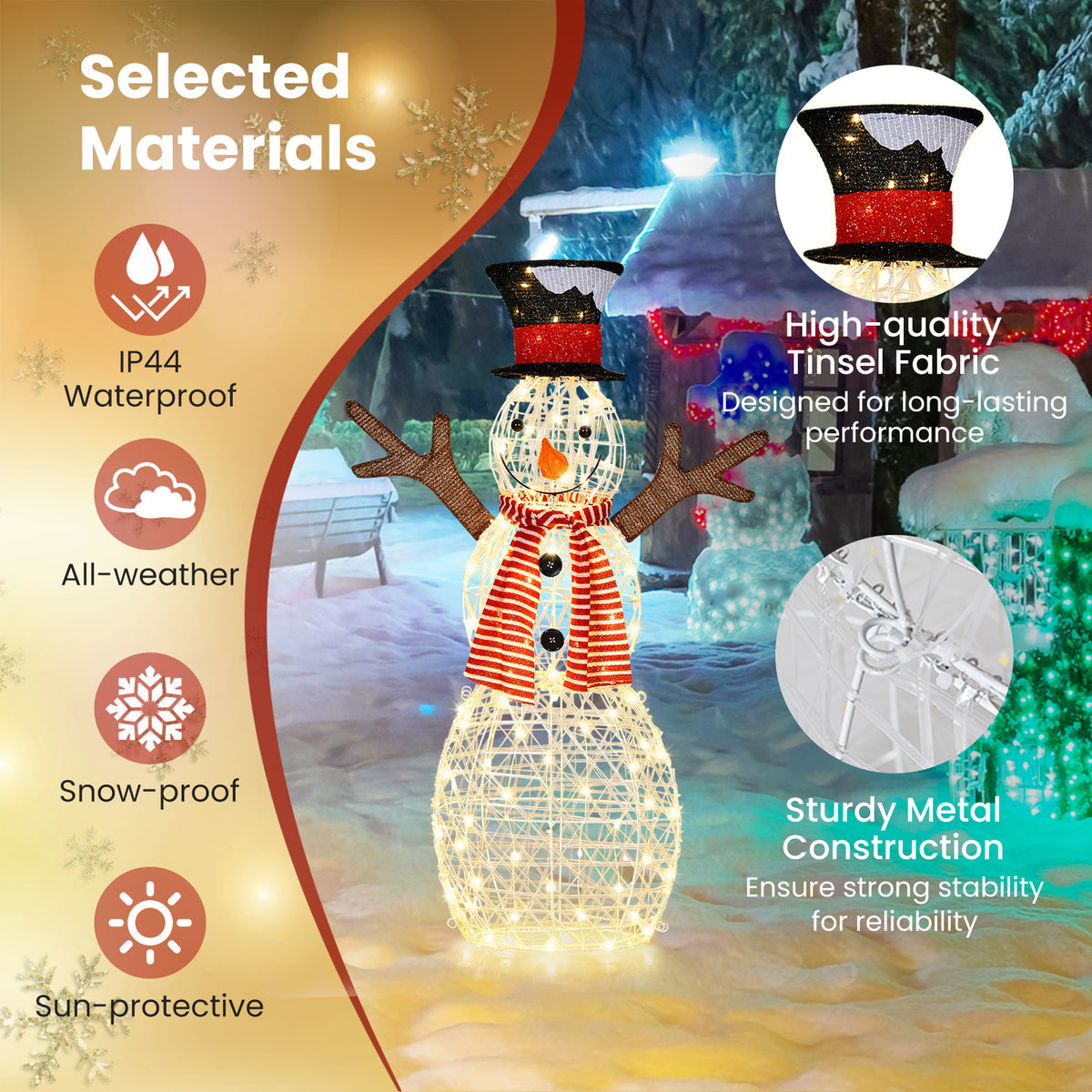 3.6 FT Lighted Christmas Snowman, Outdoor Xmas Holiday Decoration with 80 Warm LED Lights