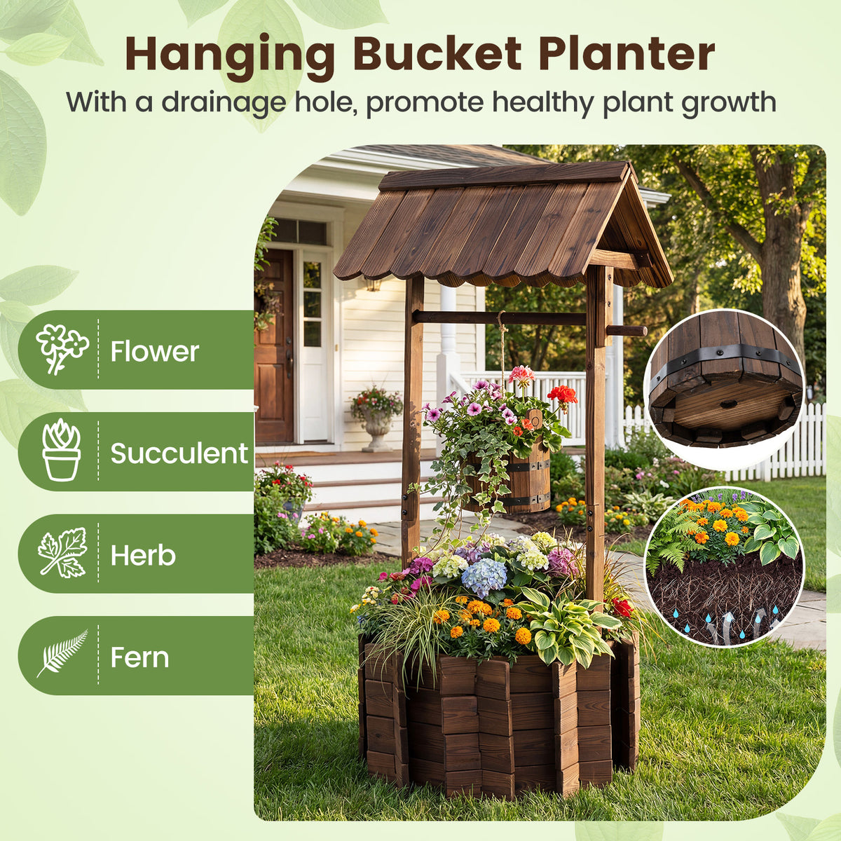 Rustic Outdoor Garden Decoration with Solid Fir Wood Construction, Wooden Wishing Well Planter with Hanging Bucket