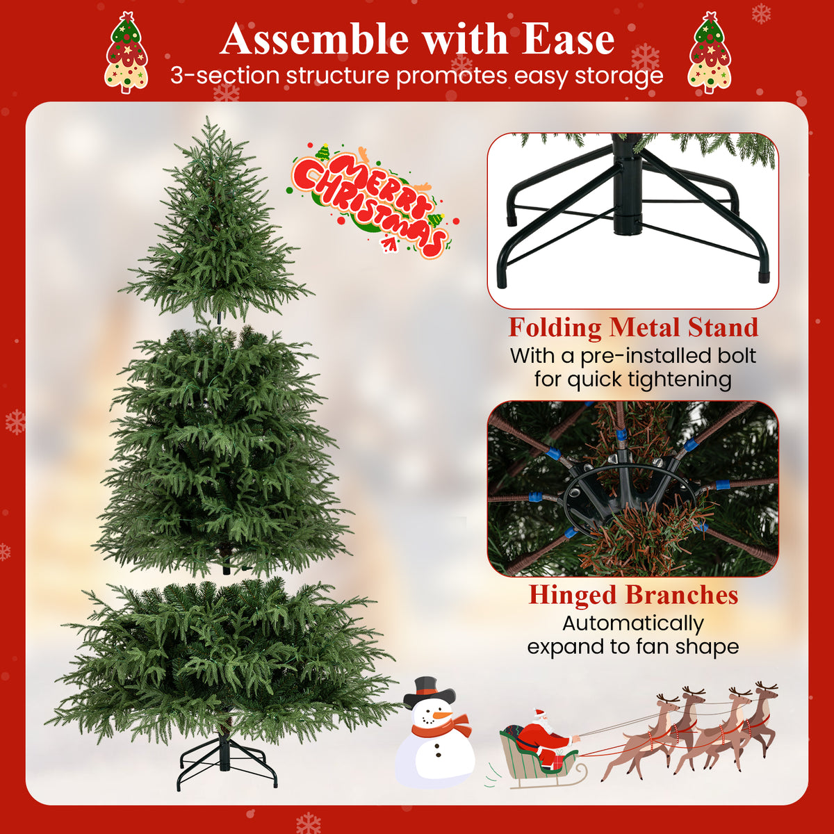 7.5FT Prelit Artificial Christmas Tree, Hinged Xmas Tree with 1449 Branch Tips