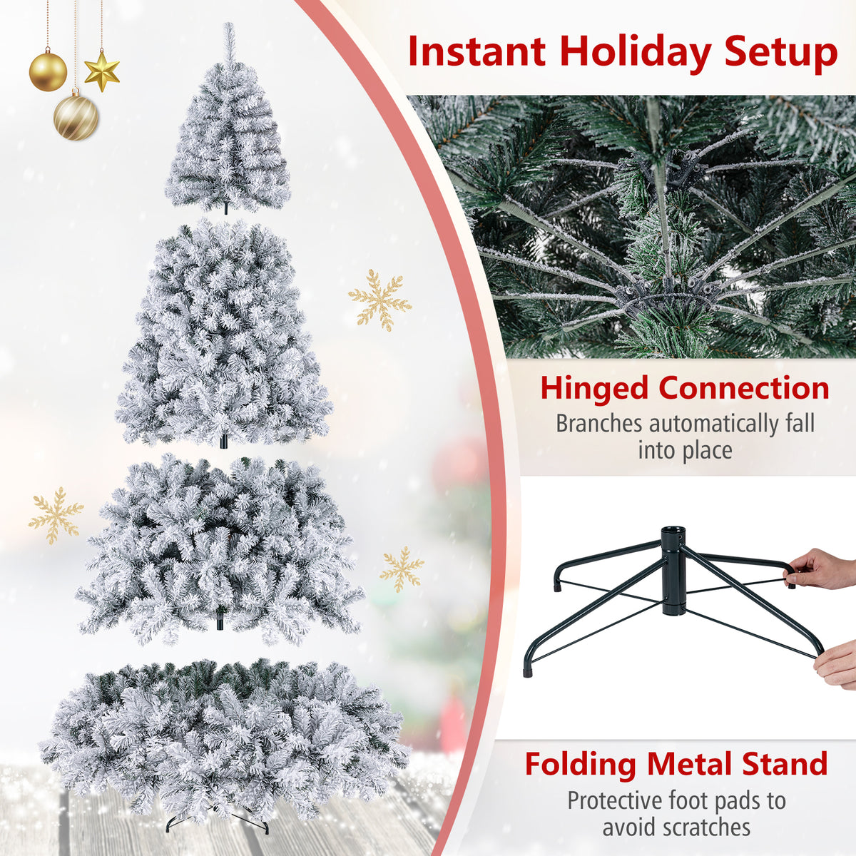 6/7.5/9/4.5 FT Snow-Flocked Christmas Tree, Pre-lit Xmas Tree w/ 250/450/550/150 Warm White LED Lights & 600/1010/1498/295 Branch Tips