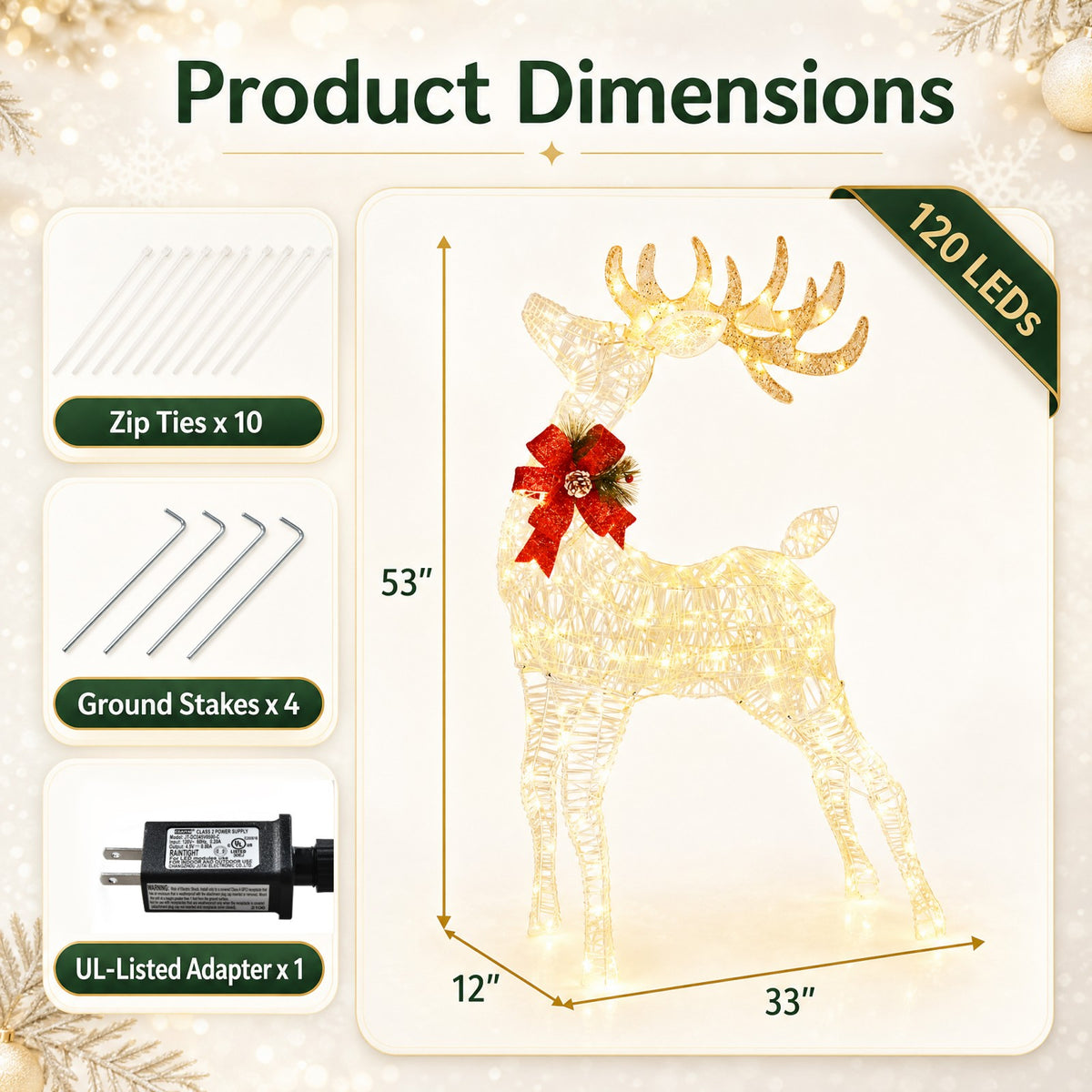 Lighted Standing Reindeer Christmas Decoration, Pre-Lit 120 LED Lights Artificial Christmas Décor with Ground Stakes and Zip Ties