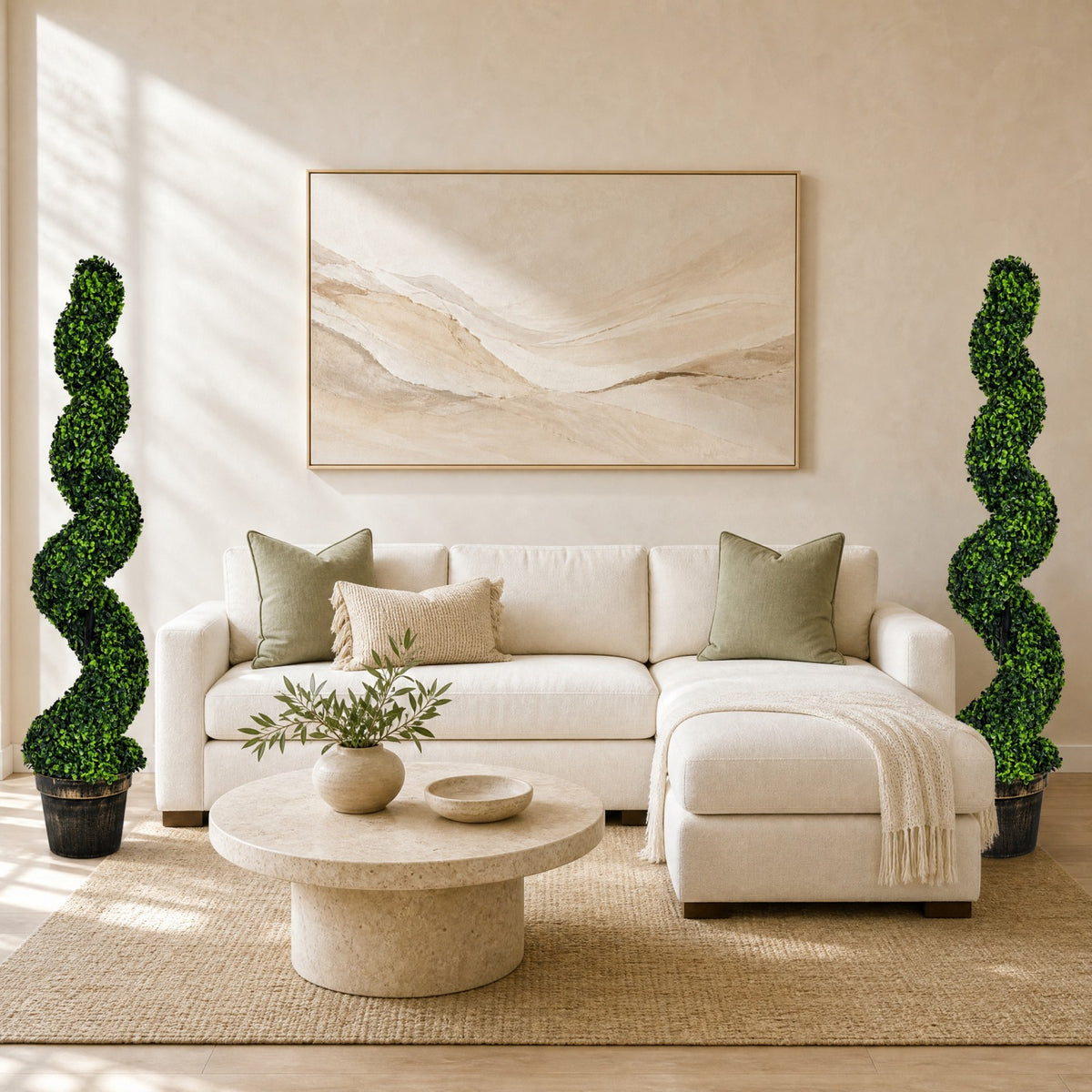 4ft Faux Boxwood Topiary Tree, Spiral Sun-Protected Potted Fake Plant with Cement-Filled Plastic Pot