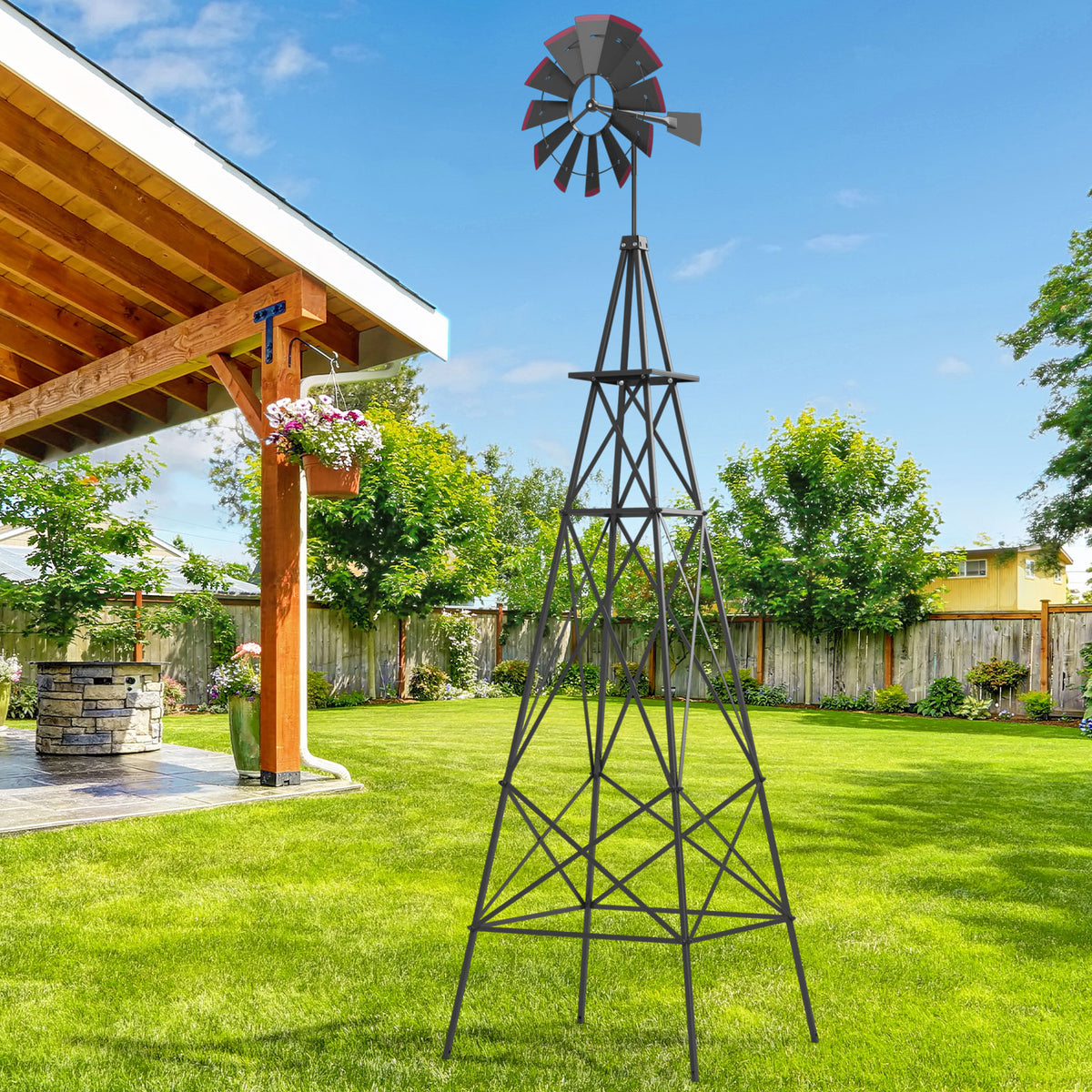 8ft Steel Windmill, Farmhouse Windmill Decoration with Directional Vane
