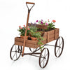 Vintage Wooden Planting Cart, Farmhouse Style Mobile Planter with Adjustable Pull Handle and 4 Wheels