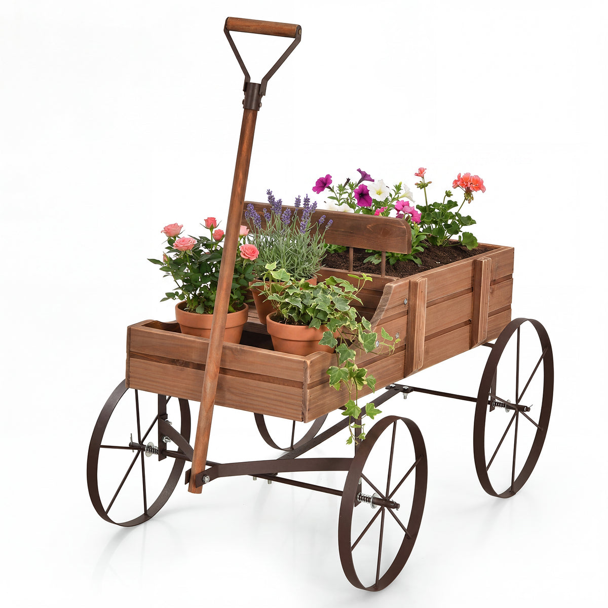 Vintage Wooden Planting Cart, Farmhouse Style Mobile Planter with Adjustable Pull Handle and 4 Wheels