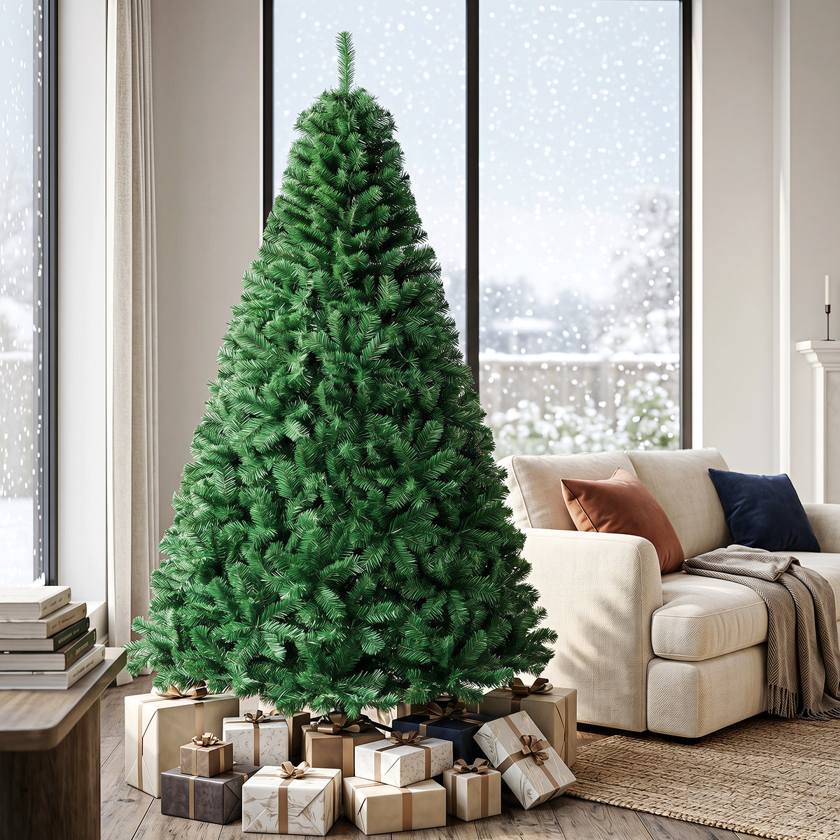 5/6/7/8 FT Artificial Christmas Tree, Unlit Full Xmas Pine Tree with 350/650/950/1138 Branch Tips & Folding Metal Stand
