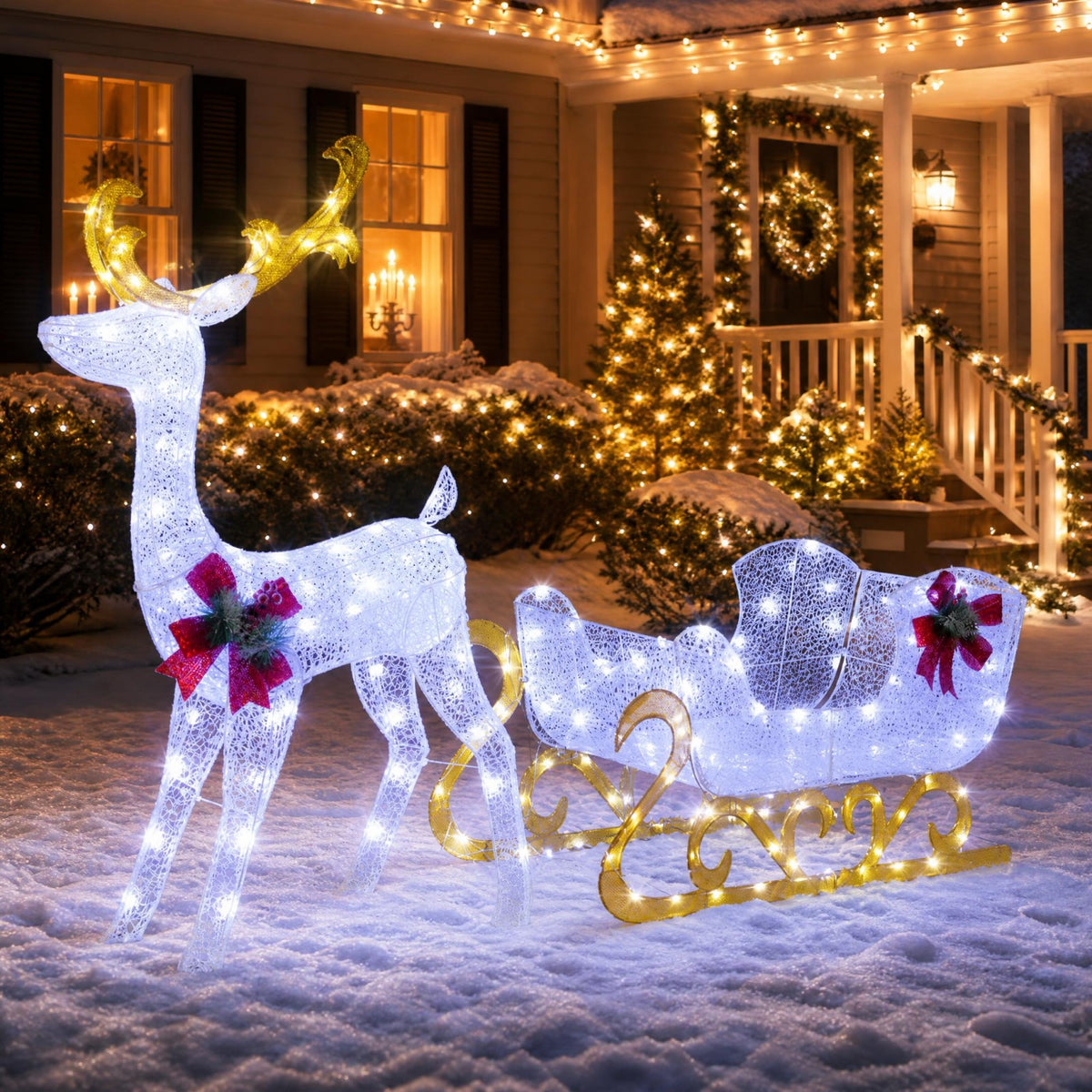 Pre-lit Artificial Christmas Decoration, Lighted Christmas Reindeer and Sleigh with LED Lights
