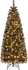 6FT Prelit Pencil Black Christmas Tree, Artificial Slim Xmas Tree with 618 Branch Tips