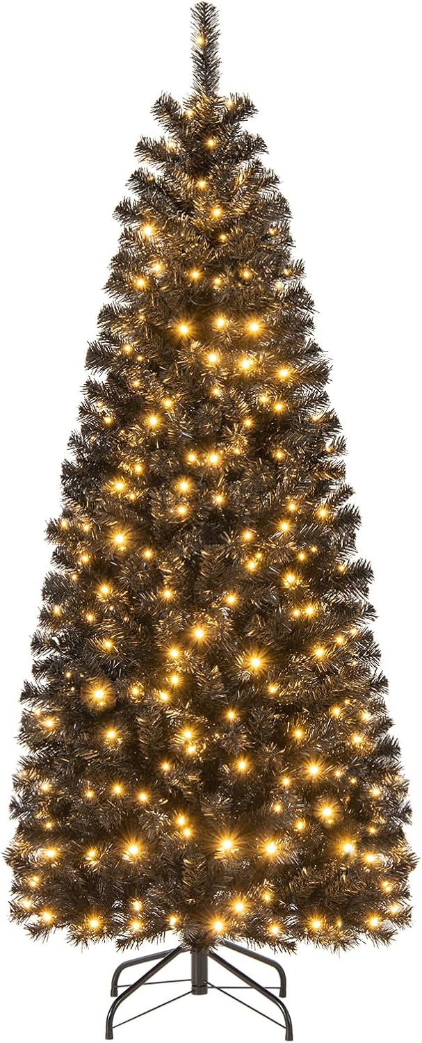 6FT Prelit Pencil Black Christmas Tree, Artificial Slim Xmas Tree with 618 Branch Tips