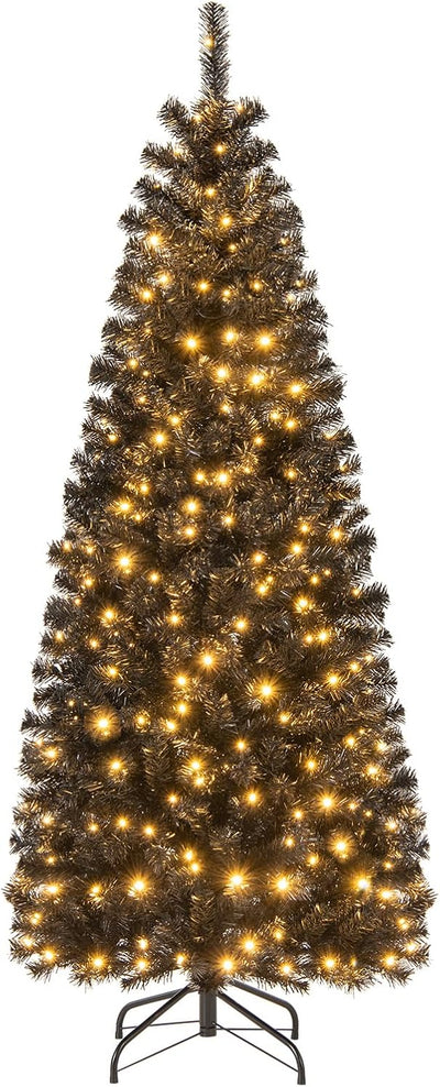 6FT Prelit Pencil Black Christmas Tree, Artificial Slim Xmas Tree with 618 Branch Tips