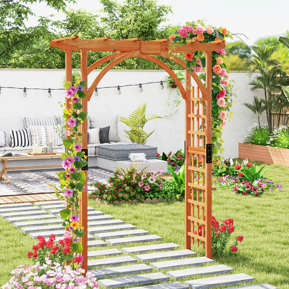 Outdoor Wood Arbor Arch, Natural Solid Wood Garden Arch Arbor Trellis for Climbing Plants