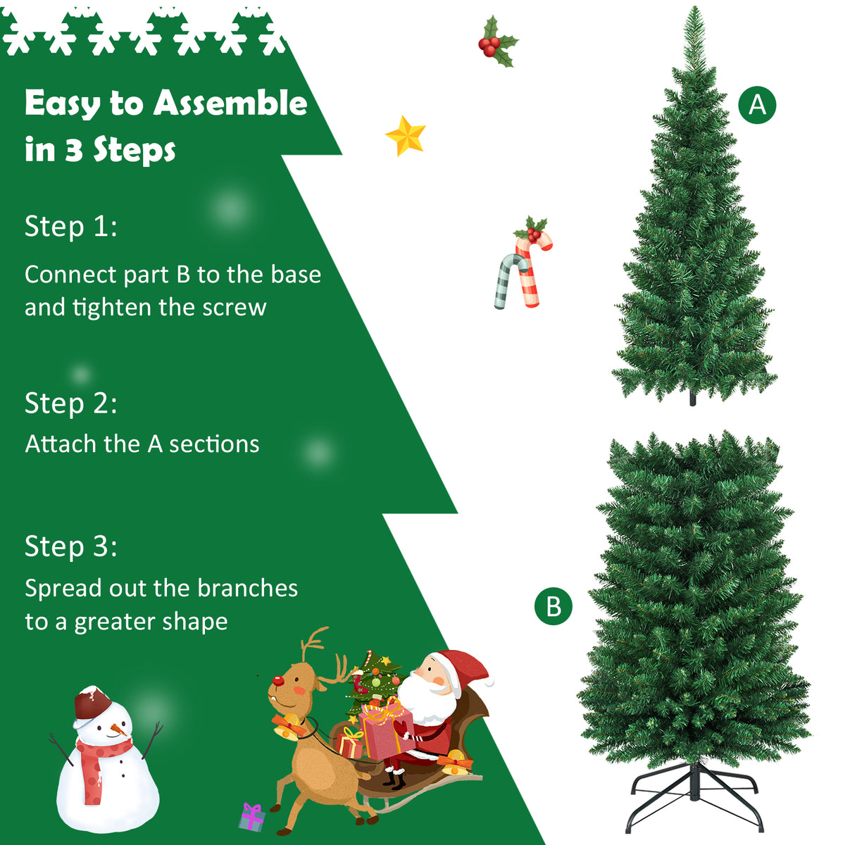 5/6/7/8/9 FT Slim Pencil Artificial Christmas Tree, Unlit Green Xmas Tree with Lush PVC Branch Tips