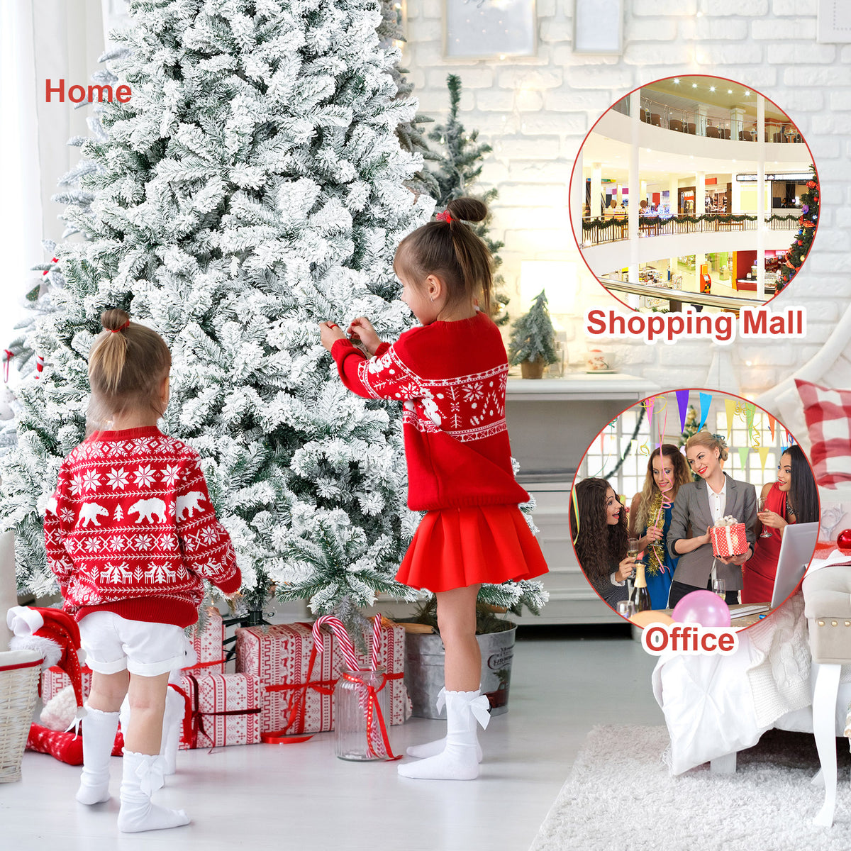 9FT Flocked Christmas Tree, Artificial Xmas Tree w/PVC Needles, Metal Stand