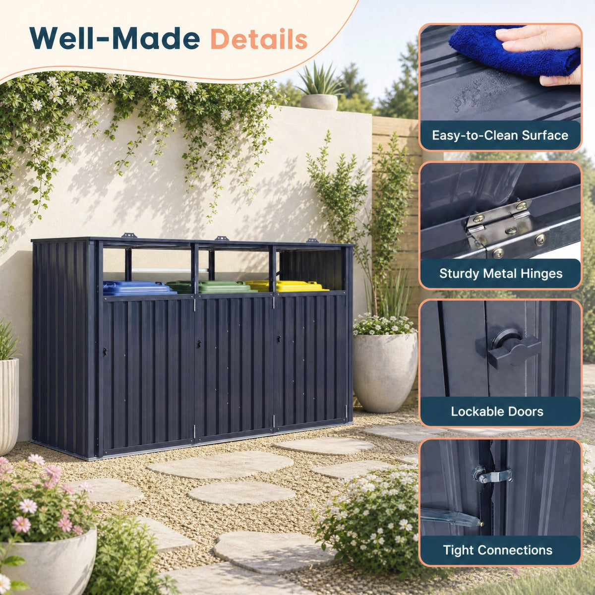 3-Bin Metal Trash Can Storage Shed, 238 x 79 CM Outdoor Garbage Shed with Flip-Up Lids & Lockable Doors