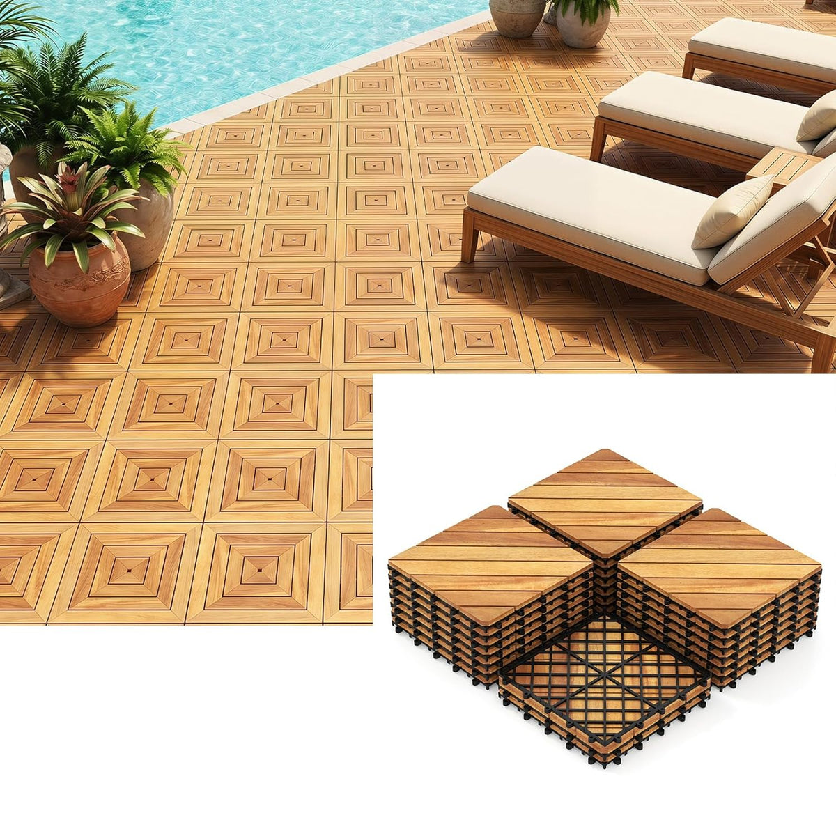 Lucktree 12" x 12" Interlocking Acacia Wood Deck Tiles
