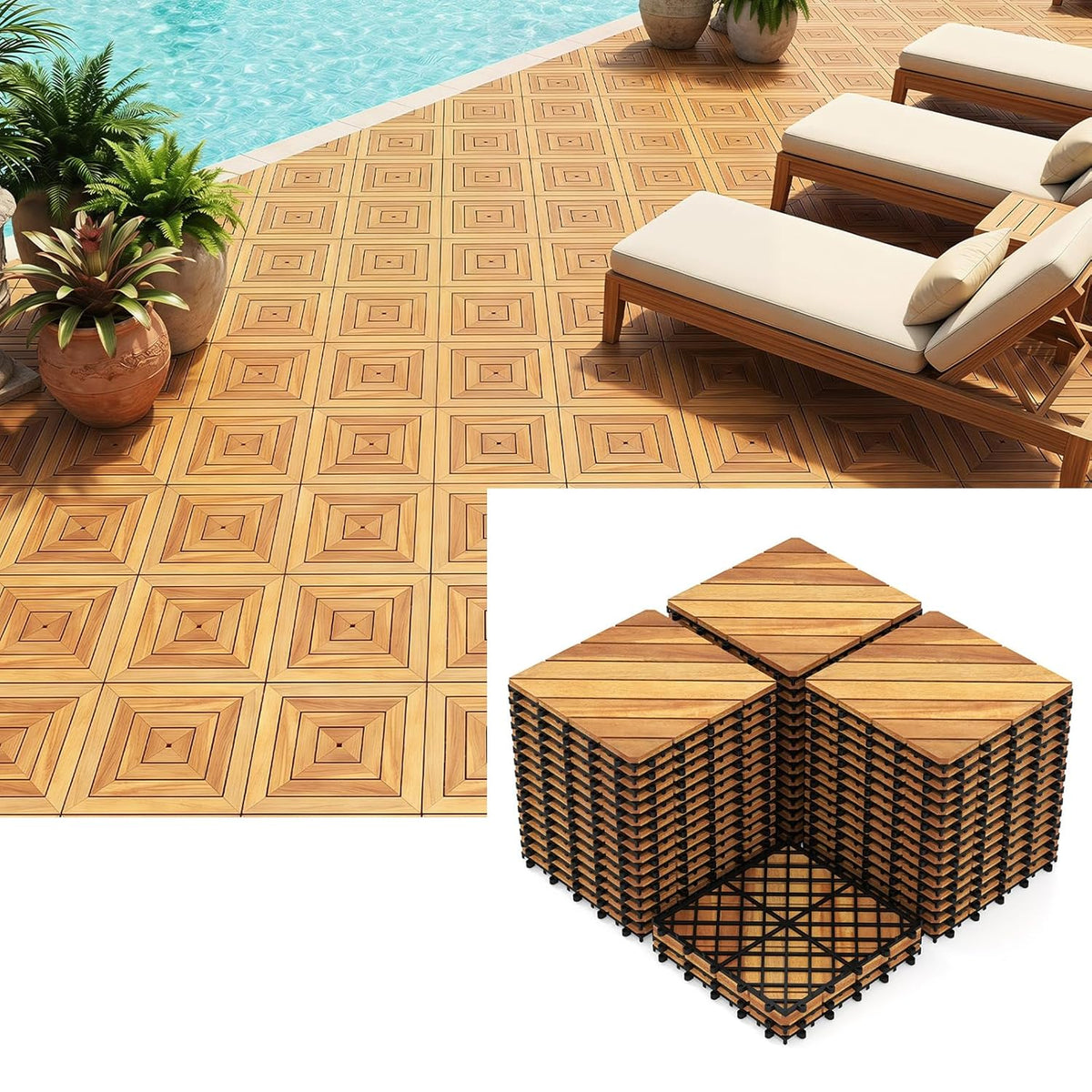 Lucktree 12" x 12" Interlocking Acacia Wood Deck Tiles