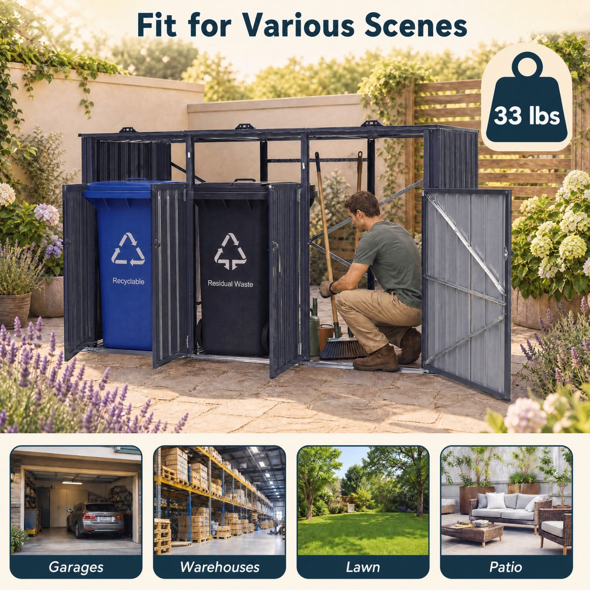 3-Bin Metal Trash Can Storage Shed, 238 x 79 CM Outdoor Garbage Shed with Flip-Up Lids & Lockable Doors