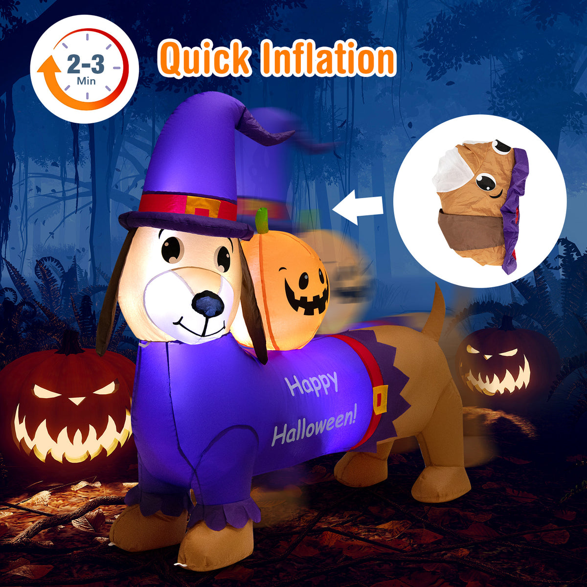 5FT Long Halloween Inflatable Dachshund, Blow Up Wiener Dog with Pumpkin & Witch Hat