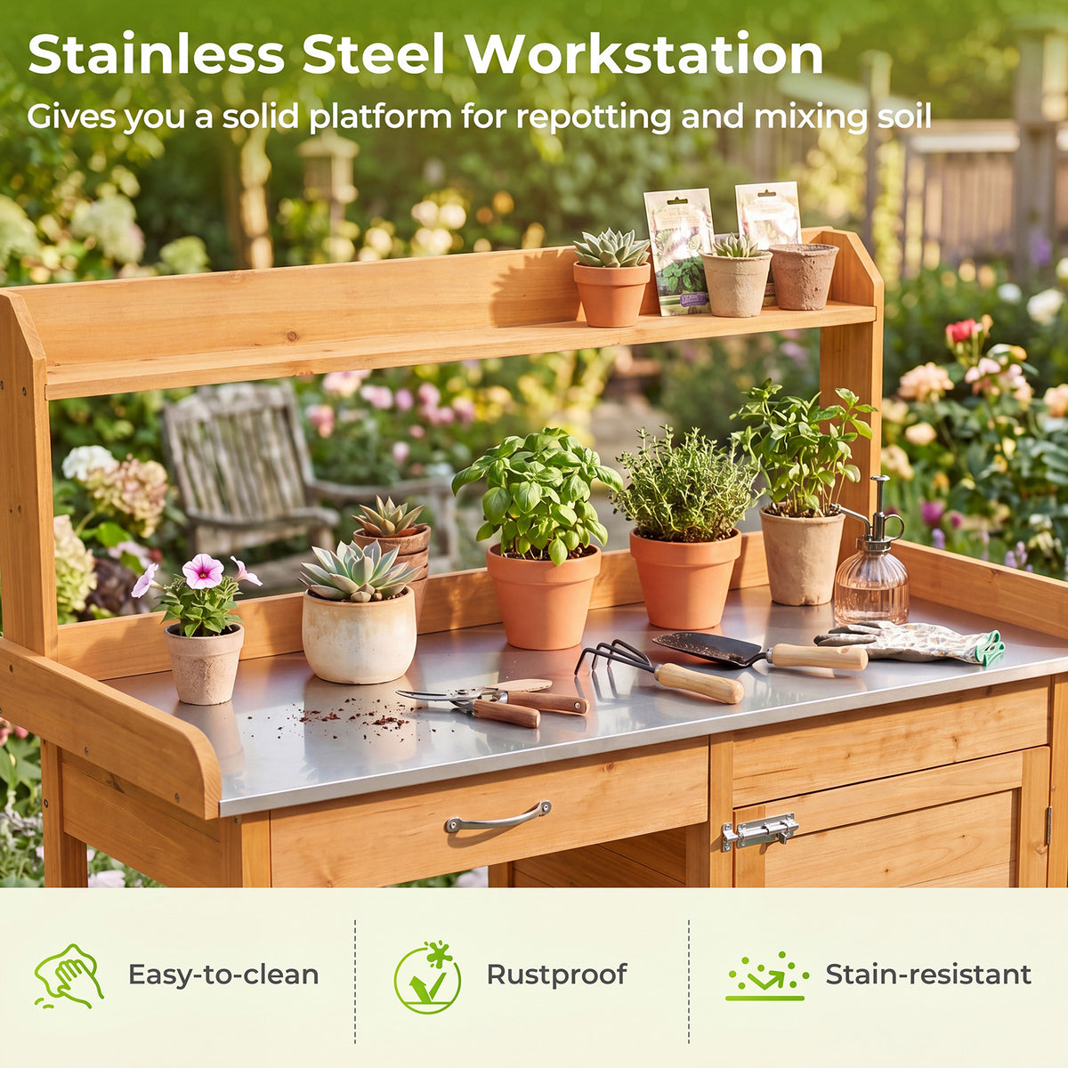 Wooden Potting Bench Table, Outdoor Garden Planting Table with Cabinet Drawer