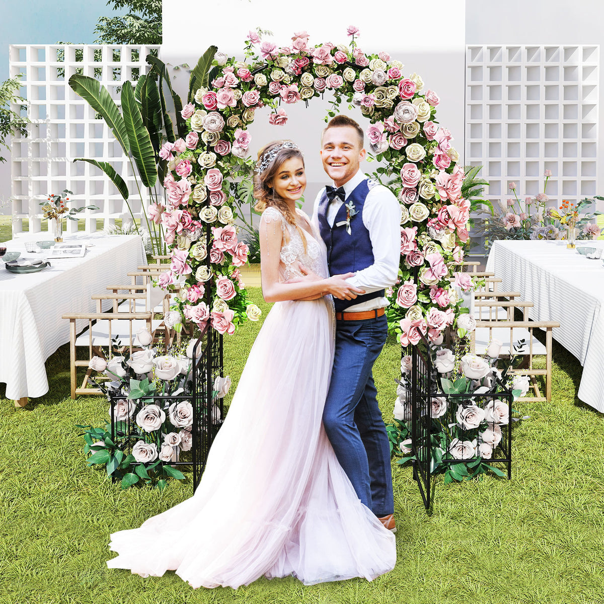 87" Steel Garden Arch with Planter Beds, Dig-Free Wedding Arbor w/Lockable Gates for Vines